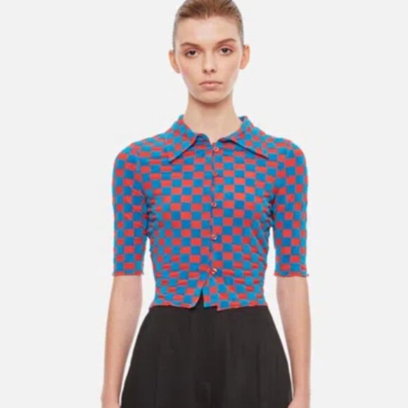 ROTATE Birger Christensen Miranda Red/Blue Mesh/Velvet Plaid CroppedShirt M $270 - Picture 14 of 14